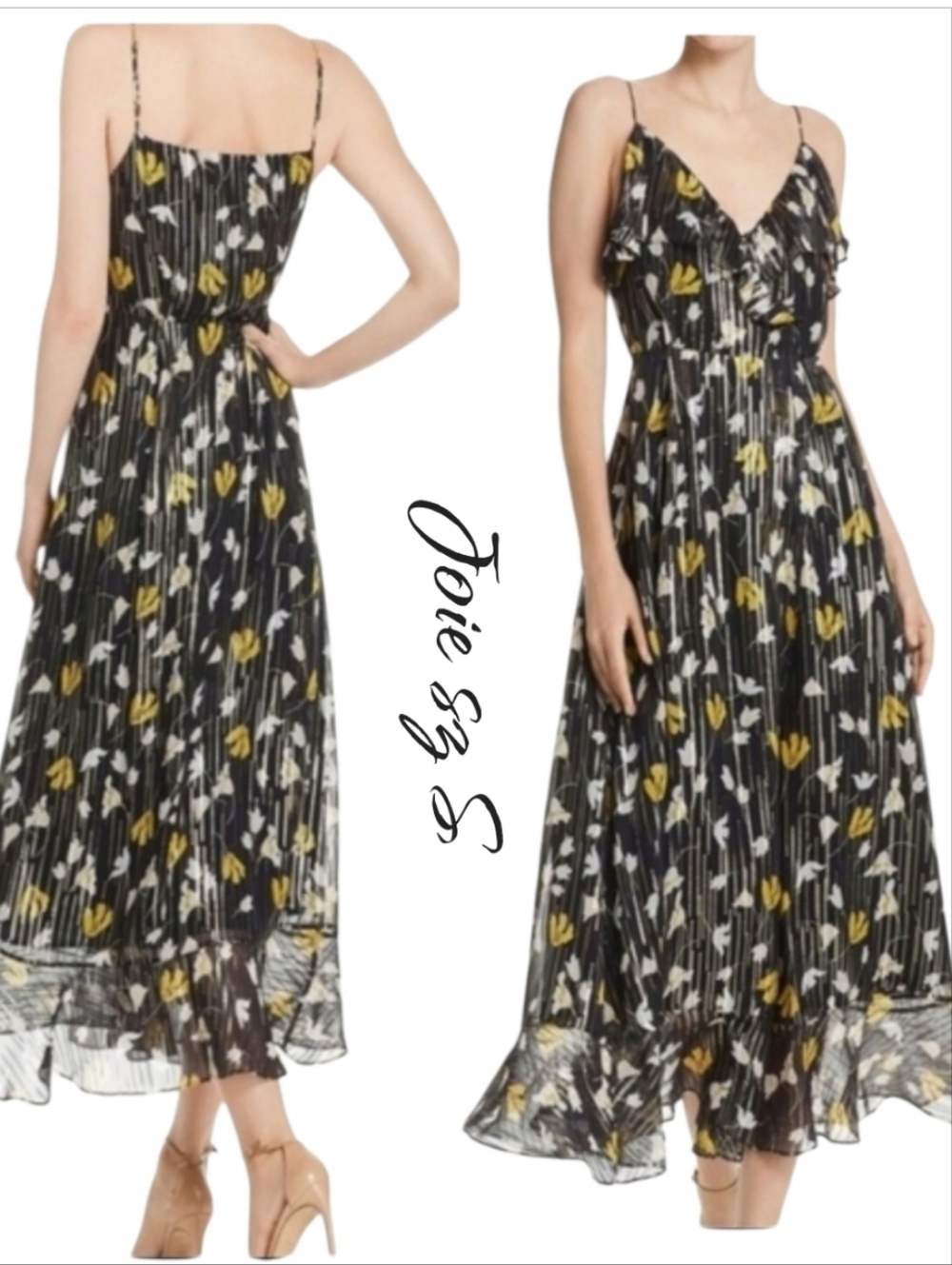Joie Kenny Silk Blend Floral Metallic Stripe Ruffle Wrap Maxi Dress Sz S - Picture 3 of 14